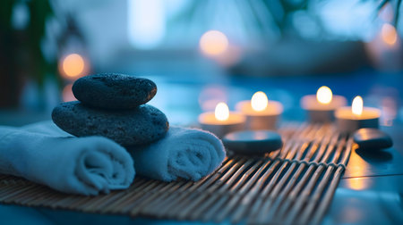 Peaceful spa scene with stacked stones, soft towels, and glowing candles.の写真素材