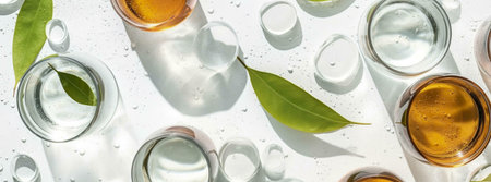 Luxurious skincare products and leaves.