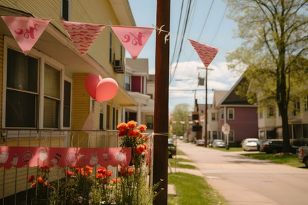 A cheerful street scene with pink party decorations.の写真素材