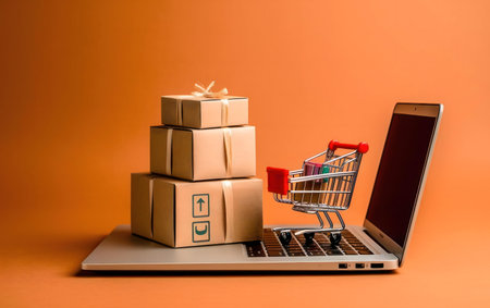 E-commerce concept: boxes on laptop with shopping cartの写真素材