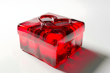 A red glass gift box with a heart-shaped design on top. The box is shiny and reflective, and the image is a studio shot with a white background.の写真素材