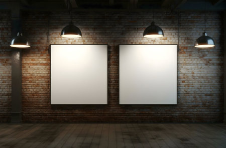 Two blank canvases on a brick wall in a loft. Perfect for display