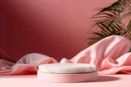 A stylish pink and white marble display stand on silk fabric with tropical leaves.の写真素材