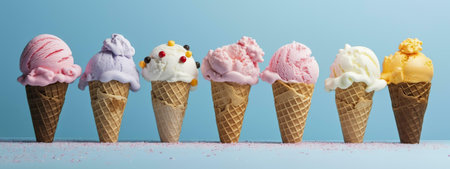 Seven delicious ice cream cones in various flavors arranged in a row against a light blue...