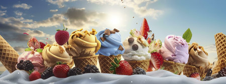 A tempting array of ice cream flavors in waffle cones, adorned with fresh berries, creating a...
