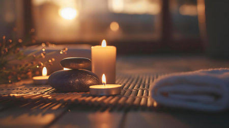 A relaxing spa scene at sunset with candles, stones, and a towel.の写真素材