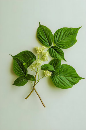 A sprig of green leaves with small white flowers, captured in a serene setting.の写真素材