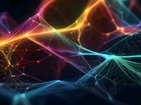 Vibrant abstract digital artwork showcasing interconnected nodes and lines, representing a complex network.の写真素材