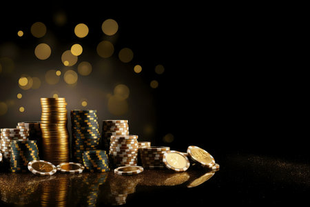 Stacks of golden casino chips on a dark background with bokeh lights.の写真素材