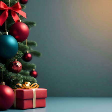 A beautifully decorated Christmas tree with red and teal ornaments and a red gift box underneath.の写真素材