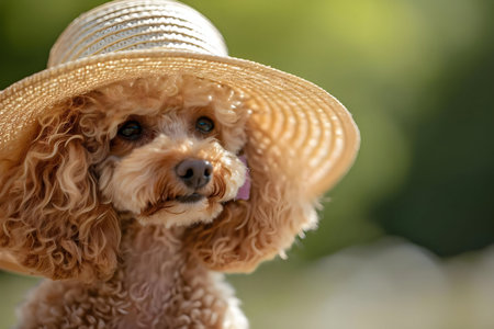 A cute toy poodle wearing a straw hat