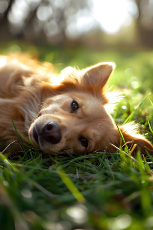 A golden retriever lies peacefully in a sun-drenched grassy field.の写真素材