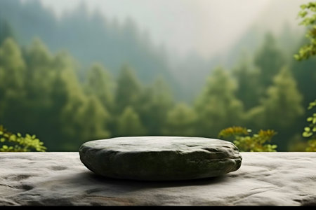 A smooth gray stone rests on a rock ledge. A misty green forest provides a blurred backdrop.の写真素材