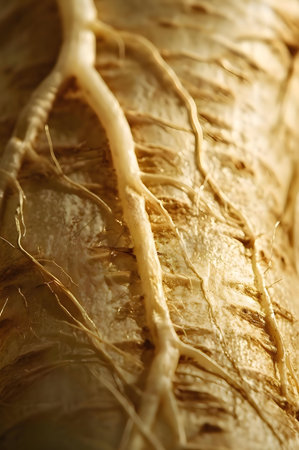 Close-up view of a parsnip root, showing intricate details and textures.の写真素材