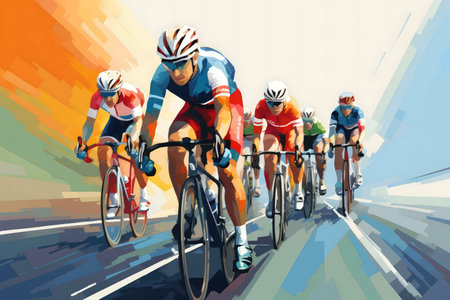A vibrant illustration of cyclists competing intensely in a race.の写真素材