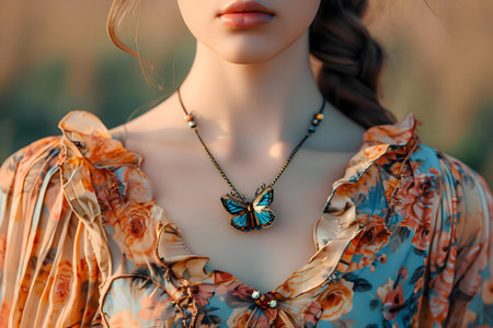 Close-up of a woman wearing a beautiful butterfly necklace and a floral dress.の写真素材