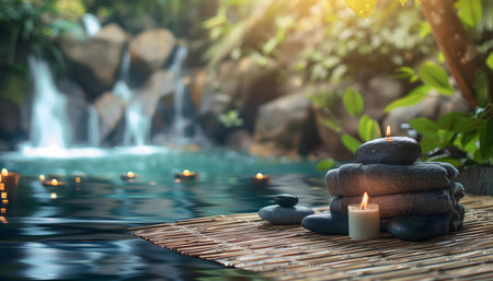 Peaceful spa scene. Waterfall, candles, stones, and bamboo create a tranquil atmosphere.の写真素材