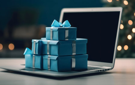 Stack of blue gift boxes on a laptop, Christmas theme.の写真素材