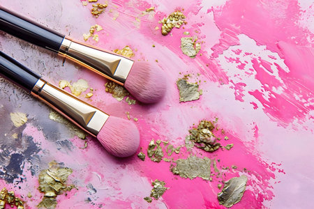 Two pink makeup brushes rest on a pink and gold abstract background.