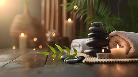 Relaxing spa setting with stacked stones, candles, and towels. Peaceful and calming atmosphere.の写真素材