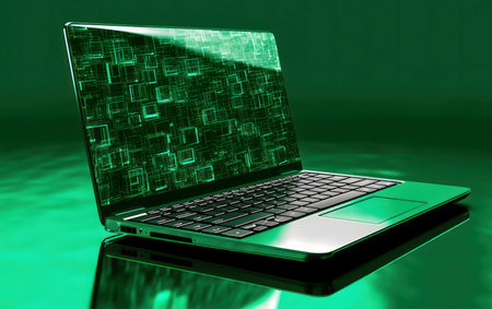 Sleek green laptop showcasing digital innovation. Futuristic design.の写真素材