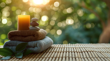 A peaceful spa setting with a lit candle, stacked stones, and soft towels on a bamboo mat. A tranquil atmosphere.の写真素材
