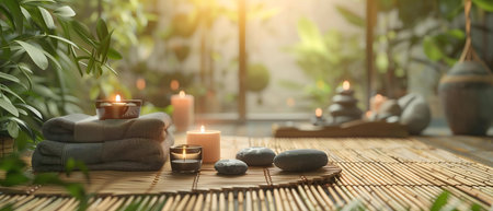 Relaxing spa scene with candles, stones, and towels.の写真素材
