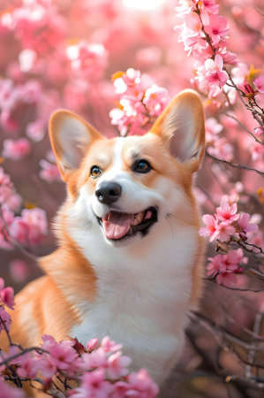 A heartwarming image of a fluffy Corgi surrounded by beautiful pink cherry blossoms.の写真素材