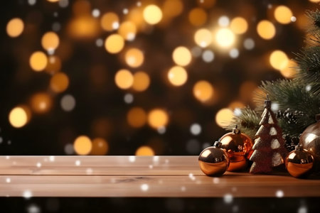 A Christmas scene with ornaments on a wooden table. Warm lights and snow create a festive atmosphere.の写真素材