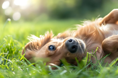 A happy golden retriever puppy playfully rolls in a lush green grass meadow bathed in warm sunlight.の写真素材