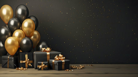 Black and gold balloons and gifts create a luxurious celebration.