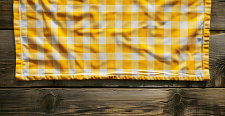 Rustic wooden background with yellow gingham tableclothの写真素材
