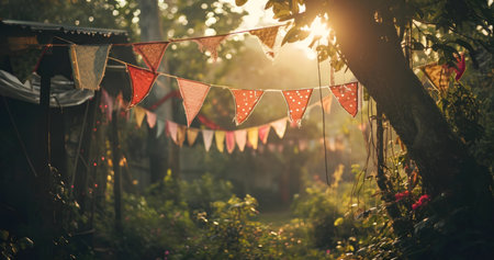 Festive bunting hangs in a garden bathed in golden sunlight, creating a magical atmosphere.の写真素材