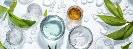 Close-up of skincare products with green leavesの写真素材