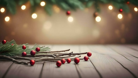 Festive Christmas table decor. Red berries and pine on wood.の写真素材