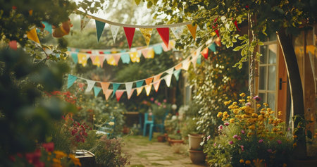 Vibrant garden party scene with colorful bunting and lush flowers.の写真素材