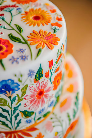 A close-up of a stunning wedding cake, adorned with hand-painted floral designs. The vibrant colors and intricate details make it a true work of art.の写真素材