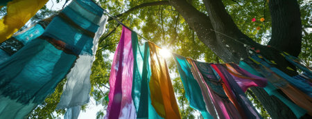 Colorful fabrics hanging from a tree, bathed in sunlight.の写真素材