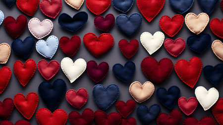 A collection of felt hearts in various colors arranged on a dark gray background. Perfect for...