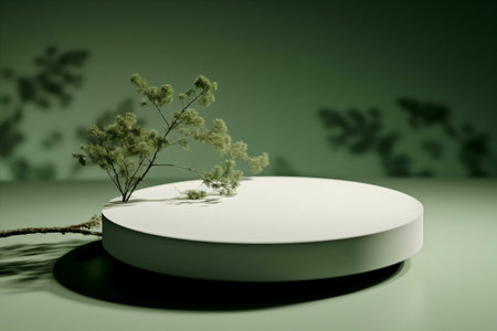 A small branch sits on a white circular platform against a muted green backdrop. The image evokes a sense of tranquility.の写真素材