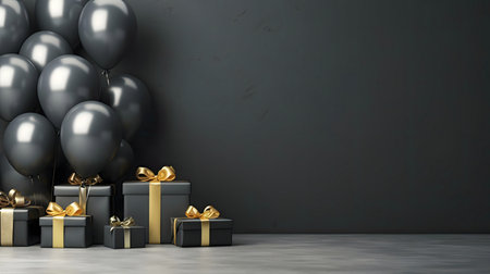 Dark themed celebration. Black balloons and gifts with gold ribbons.の写真素材