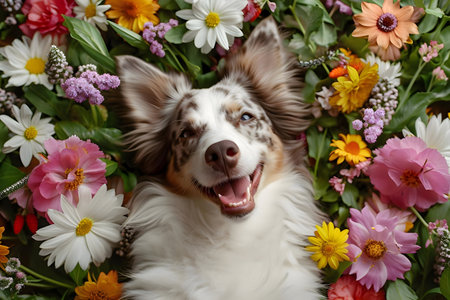 A happy Australian Shepherd surrounded by colorful flowers.の写真素材
