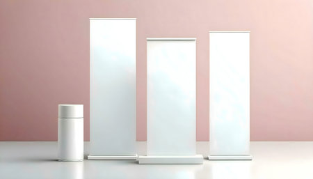 Three white roll-up banners and a cylinder mockup against a pink wall. Perfect for showcasing...