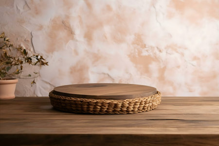 A rustic wooden platform with a woven base sits on a wooden table against a textured wall. Perfect for product display.の写真素材