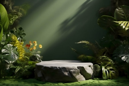 A tranquil scene of a stone platform nestled in a lush tropical setting, illuminated by soft light.の写真素材