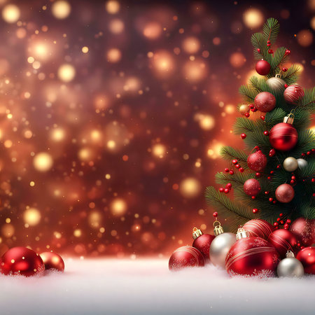 Christmas tree with red and gold ornaments on snowy backgroundの写真素材