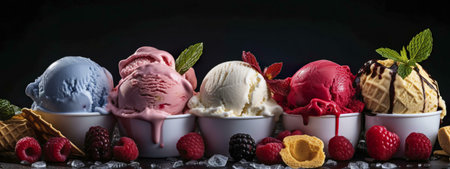 Four delectable ice cream flavors, served with fresh berries. A perfect summer treat!の写真素材