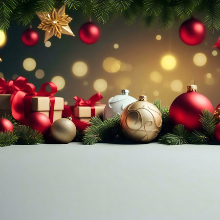 Festive Christmas scene with red and gold ornaments, gifts, and sparkling lights.の写真素材