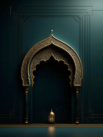 Ramadan interior design featuring a golden archway and lantern.の写真素材