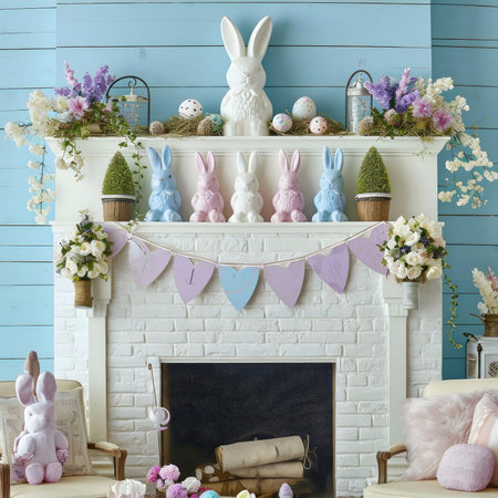 A charming Easter mantelpiece decorated with pastel bunnies, flowers, and a heart banner.の写真素材